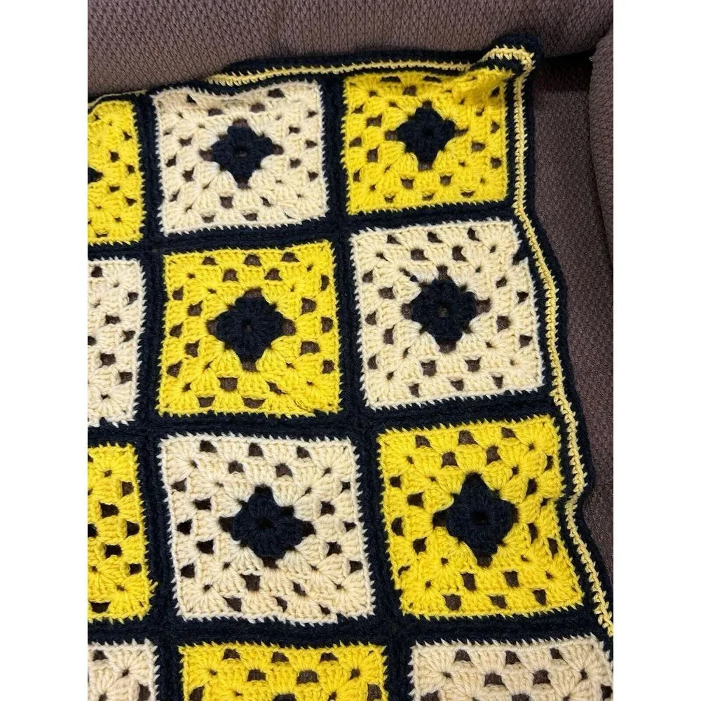 Vintage 70s Colorful Yellow‎ Granny Square Crochet Afghan Throw Blanket 60X36